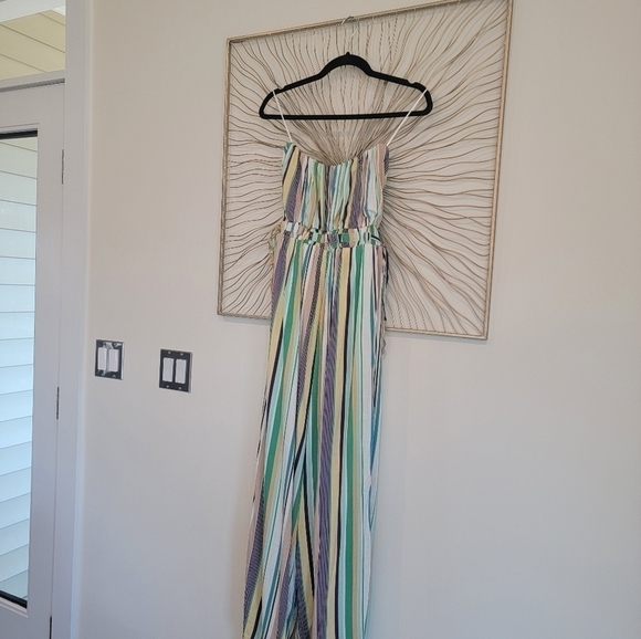 Anthropologie Le Lis Green Blue Striped Strapless Wide Leg Jumpsuit Pantsuit - Picture 15 of 16